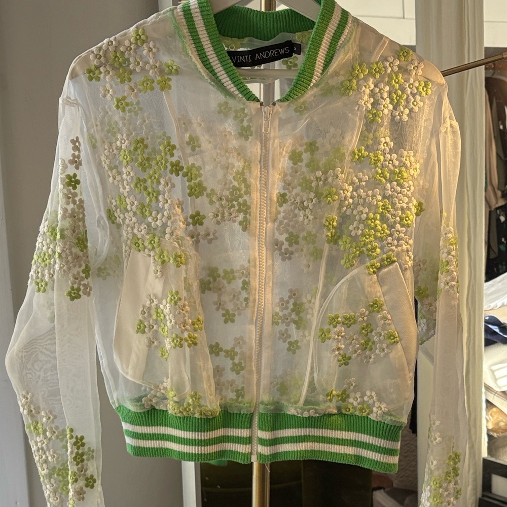 Vivid Green Floral Sheer Bomber Jacket